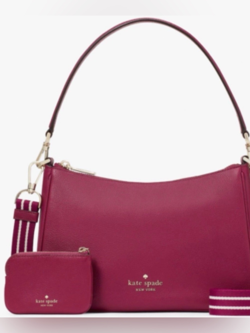 kate spade burgundy Leather Shoulder Bag with Pouch and Stripe Strap